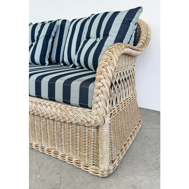 Blue Mid 20th Century Henry Link Rattan Sofa With New Sunbrella Upholstery and Cushions For Sale - Image 8 of 13