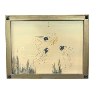 Early Framed Illustration - Stylized Fairy Figures Swimming With a Koi Fish, Signed For Sale