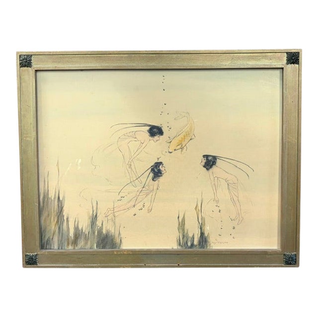 Early Framed Illustration - Stylized Fairy Figures Swimming With a Koi Fish, Signed For Sale