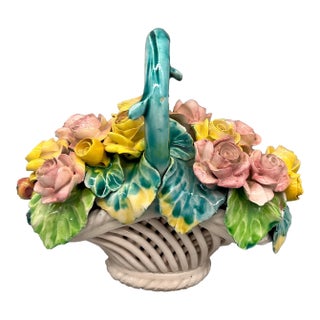 Vintage Italian Ceramic Floral Basket With Applied Roses — Capodimonte Style / Romantic European For Sale