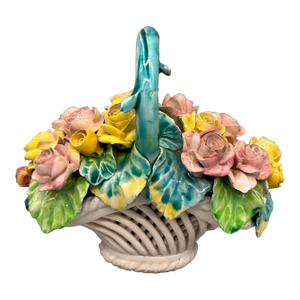 Vintage Italian Ceramic Floral Basket With Applied Roses — Capodimonte Style / Romantic European