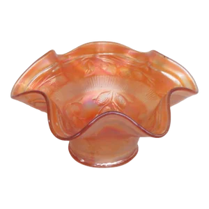 Fenton Style Marigold Carnival Glass Leaves Ruffled Rim Candy Bowl Dish