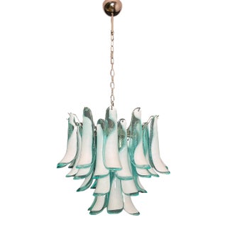 Italian Murano Style Chandelier, 36 Lattimo Turquoise Glass Petals, Mazzega Style For Sale