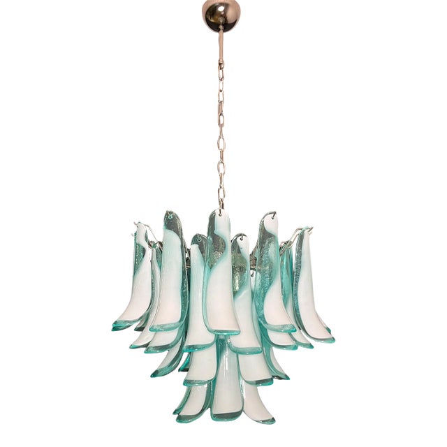 Italian Murano Style Chandelier, 36 Lattimo Turquoise Glass Petals, Mazzega Style For Sale