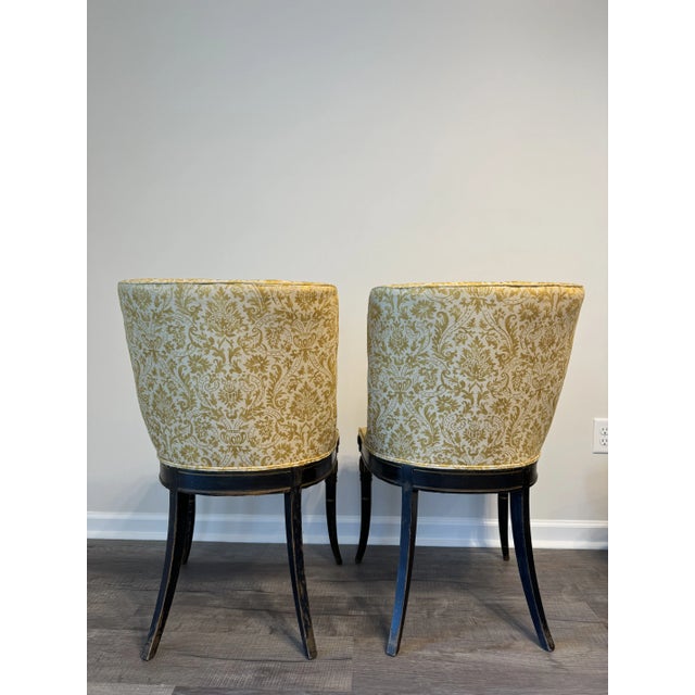 Hollywood Regency 1980s Neoclassical Sabre Leg Side Chairs Upholstered in Yellow Fortuny Style Fabric - Set of 2 For Sale - Image 3 of 10
