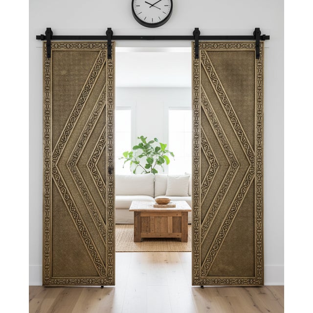 Vintage Brass-Clad Statement Hand-Carved Sliding Barn Door 80x48 For Sale In Orlando - Image 6 of 7