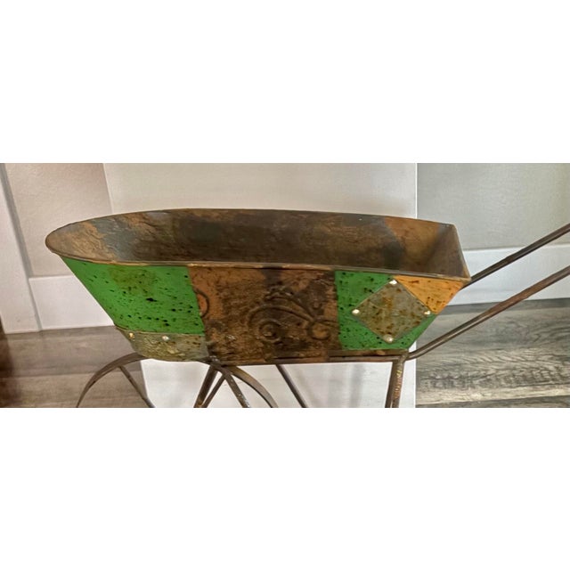 2010s Small Rustic Reclaimed Painted Metal Wheelbarrow in Green, 10.5” X 18.5” For Sale - Image 5 of 9