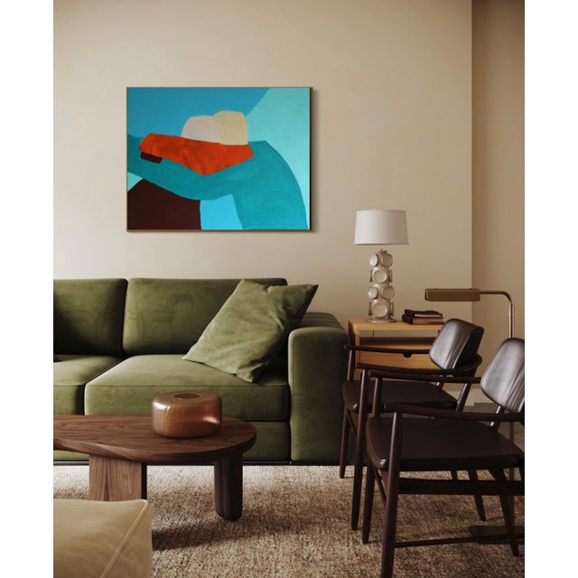 Minimalist figurative painting titled "In Your Arms." Presented in a horizontal format, it depicts the minimalist...