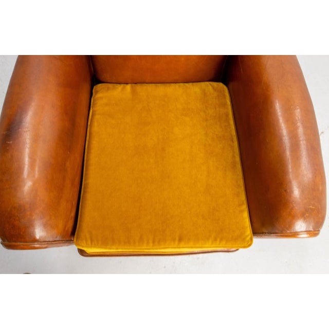 Antique French Club Armchair Fauteuil Cognac Leather and Fabric, 1930, Set of 2 For Sale - Image 14 of 16