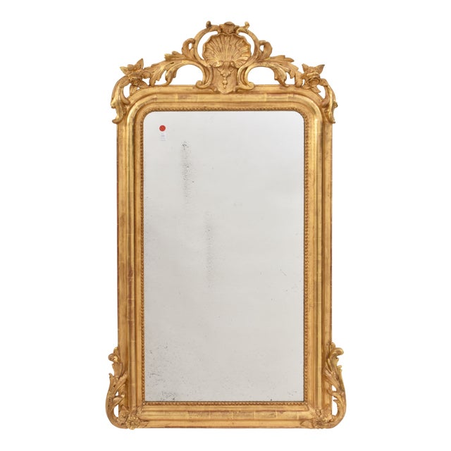 Antique Rectangular Gold Leaf Wall Mirror with Shell Motif, 19th Century For Sale