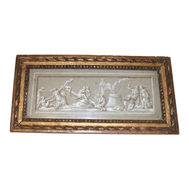 Antique Original 1700's Italian Design for Frieze Figural Wash Drawing For Sale