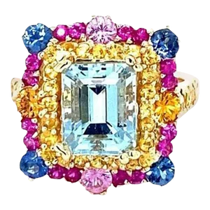 5.09 Carat Aquamarine Sapphire Yellow Gold Cocktail Ring Size 7