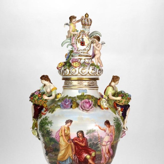 Ceramic Large German Dresden Figural, Scenic & Floral Lidded Porcelain Palace Urn C1880 For Sale - Image 7 of 18