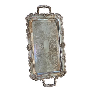 1960s B Rogers Silver Co. Ornate Silver Plate Over Brass Handled Tray For Sale