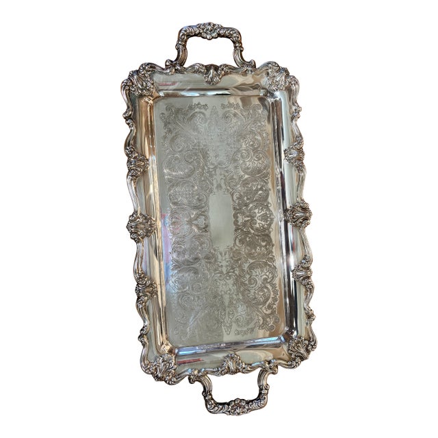 1960s B Rogers Silver Co. Ornate Silver Plate Over Brass Handled Tray For Sale