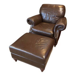 Ethan Allen Leather Chair & Ottoman For Sale