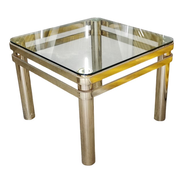 Vintage Brass Hollywood Regency Style Modern Contemporary Glass Top End Table 2 of 2 For Sale