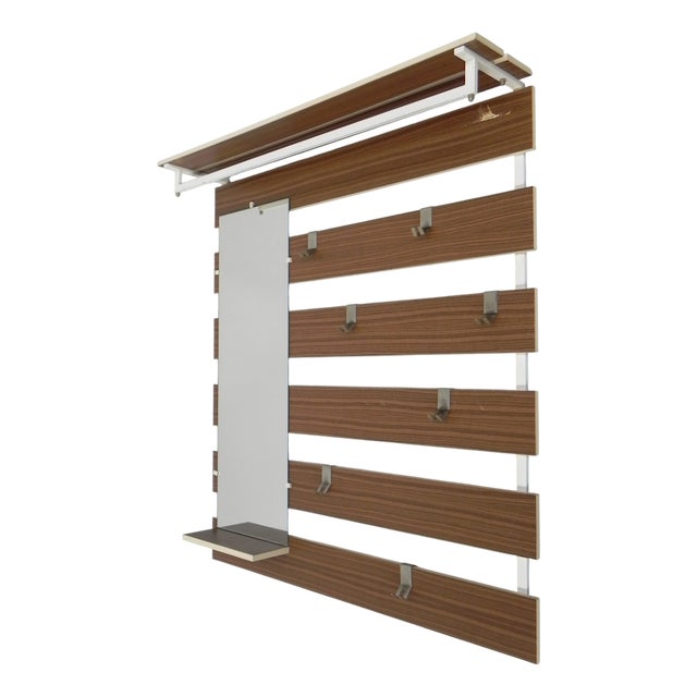 Vintage Wall Coat Rack with Hooks and Mirror, 1960s For Sale