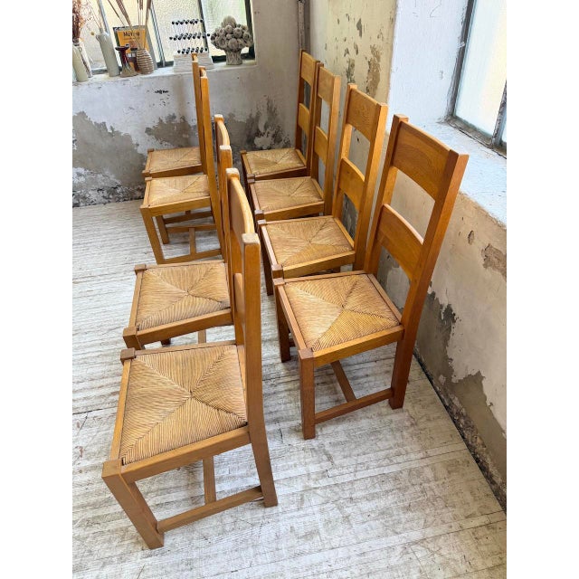 Blond Oak Chairs with Straw Seats, 1960s, Set of 8 For Sale - Image 9 of 18