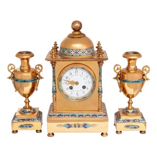 French Brass and Champleve Enamel Clock Set, 3 For Sale