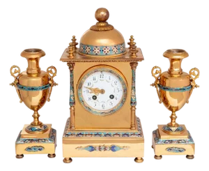 French Brass and Champleve Enamel Clock Set, 3