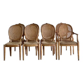 Vintage Boho Rush Seat Faux Bois Dining Chairs - Set of 8 For Sale