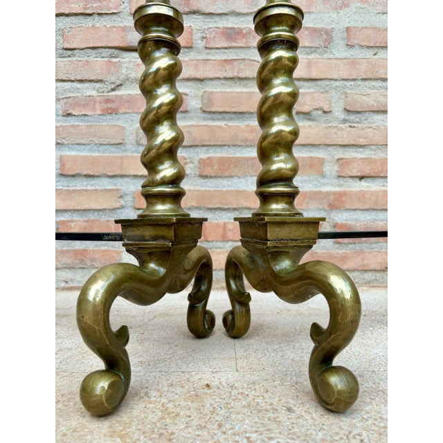 18th American Chippendale Style Brass Cannonball Andiron Firedog with Log Stops For Sale - Image 14 of 18