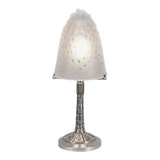 Muller Freres French Art Deco Table Lamp 1930s - Geometric Scales Frosted Glass & Nickel For Sale
