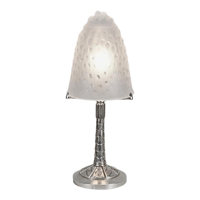 Muller Freres French Art Deco Table Lamp 1930s - Geometric Scales Frosted Glass & Nickel For Sale
