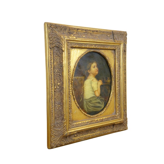 English 20th Century Miniature Portrait Painting Oil on Board Child at Prayer Framed 15" For Sale - Image 3 of 9