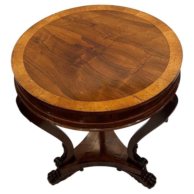 A beautiful, Continental, petite, walnut and walnut and pecan veneer, hand-carved, gueridon table.