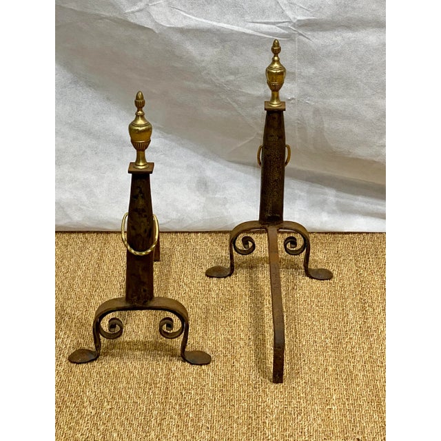 1920s Antique-Style Hand-Forged Iron and Brass Andirons With Urn Finials – Pair For Sale - Image 5 of 8