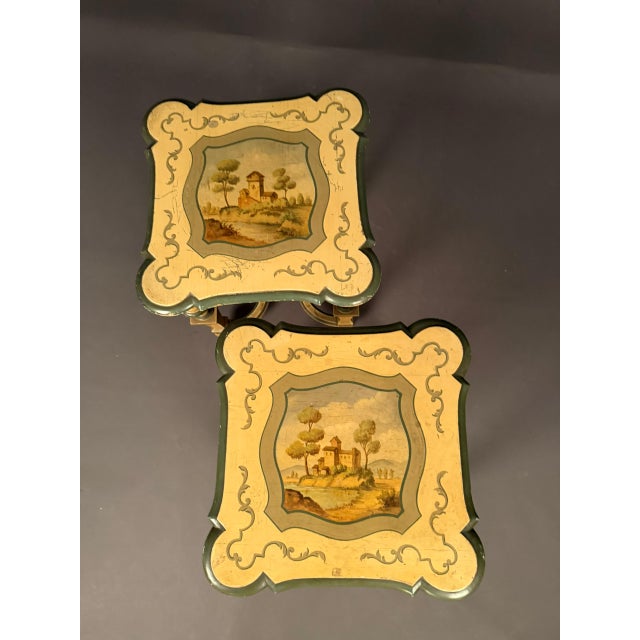 Pair of French Louis XVI Style Polychrome Side Tables With Painted Country Manor Tops, Circa 1920 For Sale - Image 4 of 12
