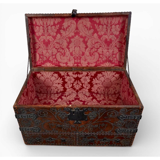 Charles II Wrought-Iron Mounted Brass-Studded Leather Coffer Trunk With Drawers For Sale - Image 11 of 12