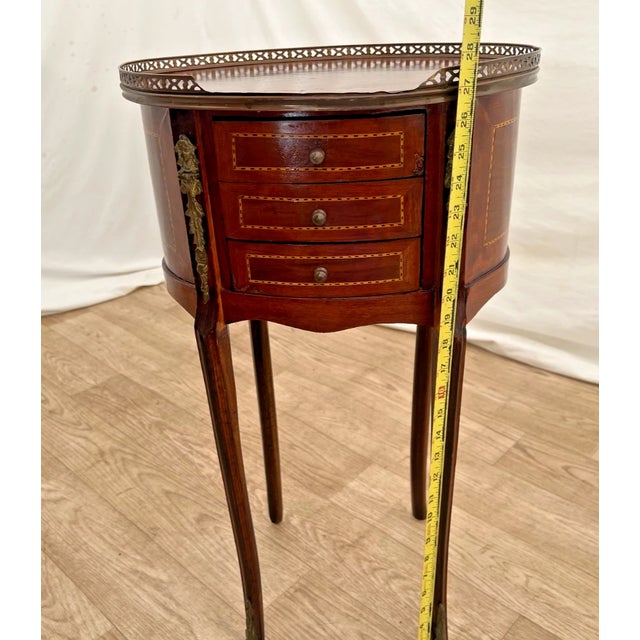 1920s Oval Accent Table Nightstand Three Drawers, Inlays, Brass Accents French Style For Sale - Image 9 of 12