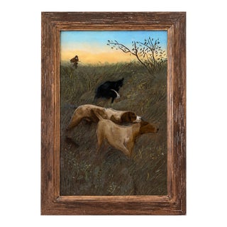 English Style Reverse Glass Painting of Hunter & Three Bird Dogs – Vintage Sporting Scene in Shabby Wood Frame For Sale
