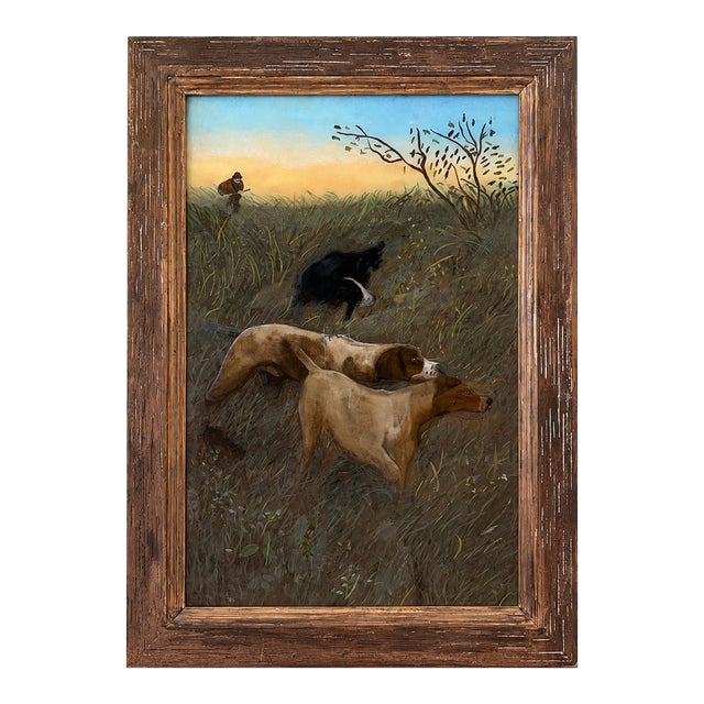 English Style Reverse Glass Painting of Hunter & Three Bird Dogs – Vintage Sporting Scene in Shabby Wood Frame For Sale
