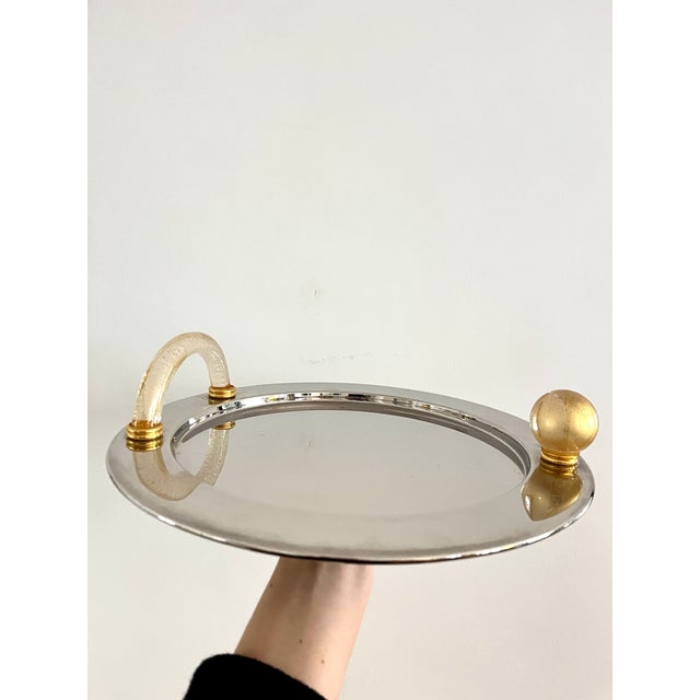Vintage Italian Palladium-Plated Serving Tray with Murano Glass Handles, 1980s For Sale - Image 3 of 9