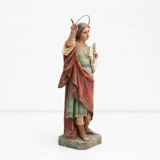 Brown Plaster Hand Painted Traditional Figure of a Saint, 1940s For Sale - Image 8 of 15