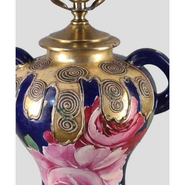Royal Blue Early 20th Century Satsuma Royal Blue Hand Painted Romantic Roses Gilded Table Lamp Vase For Sale - Image 8 of 12