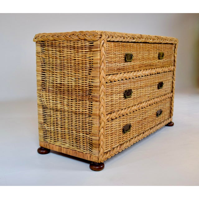 1950s Vintage Coastal Braided Woven Rattan Chest of Drawers With Walnut Bun Feet For Sale - Image 12 of 12
