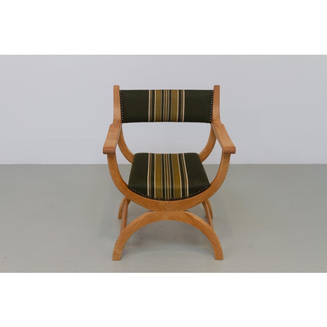 Mid-Century Modern Danish Kurul Armchair in Oak and Striped Green Wool by Henning Kjærnulf, 1960s For Sale - Image 3 of 18