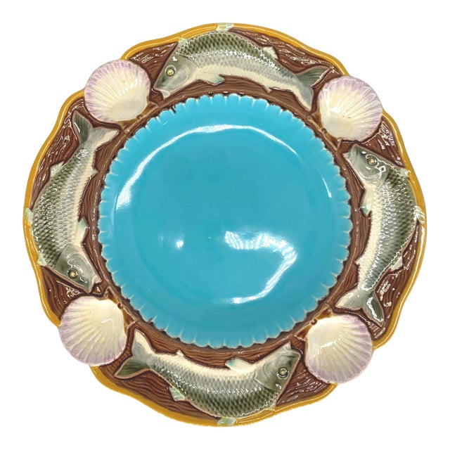 Minton Majolica Seafood Plate With Fish and Shells, English, Dated 1873 For Sale