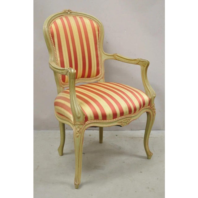 Vintage French Louis XV Style Green & Pink Painted Arm Chair w/ Striped Fabric. Item features green and pink distress...