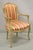 Vintage French Louis XV Style Green & Pink Painted Arm Chair w/ Striped Fabric. Item features green and pink distress...