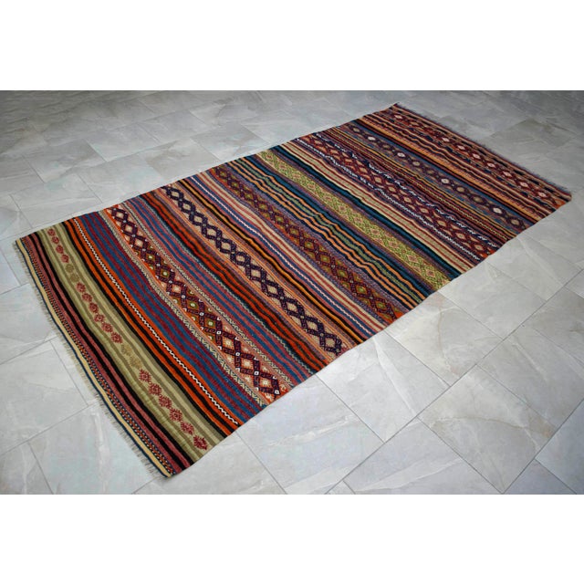 1960s Hand Woven Turkish Kilim Colorful Flat Weave Area Rug For Sale - Image 4 of 10