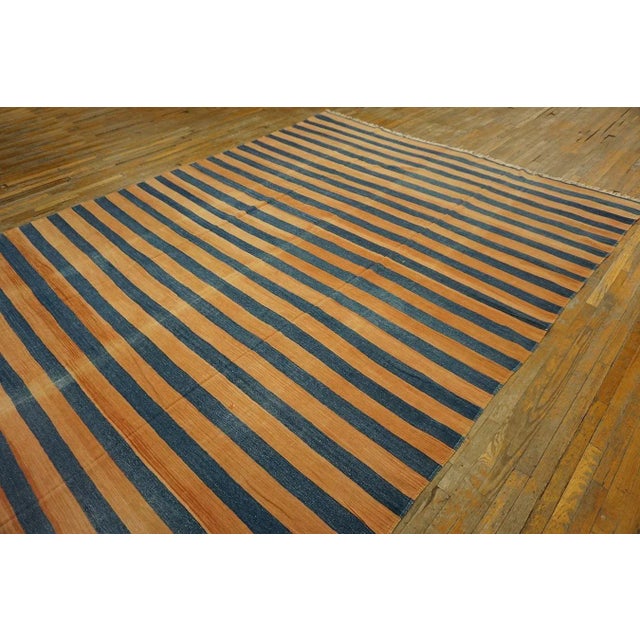 1920s Apricot Blue Stripe Antique Indian Cotton Dhurrie Carpet 9'7" X 15'3" Flatweave Wool Rug For Sale - Image 12 of 12