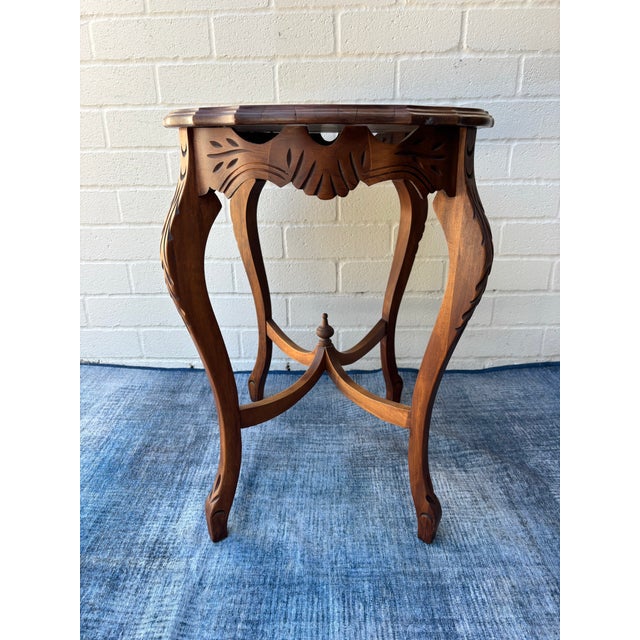 Antique Carved Walnut Accent Table / Side End Table. Featuring wavy, marquetry inlaid top and cabroile legs. Excellent...