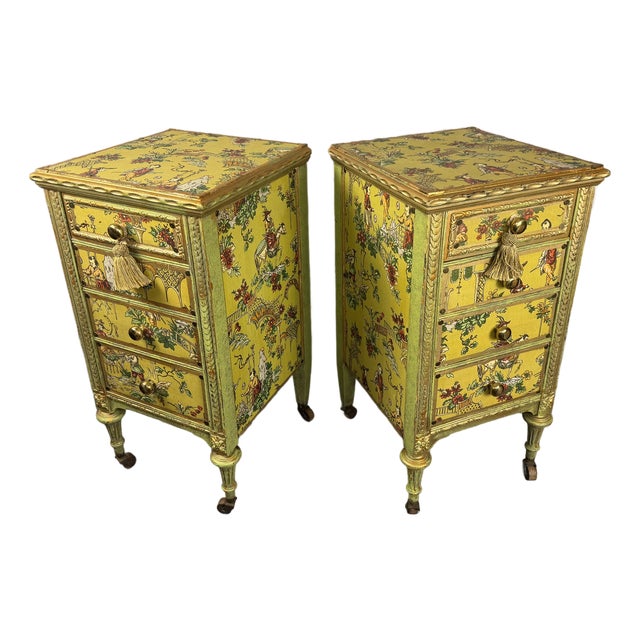 Early 20th Century Venetian Style Chartreuse Chinoiserie Cabinets / Nightstands - A Pair For Sale