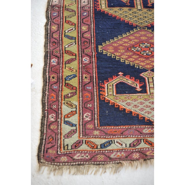 Blue 1940s Tribal Indigo, Teal, Plum & Pistachio Green Geometric Design Rug, 3.9 x 14.2 For Sale - Image 8 of 11